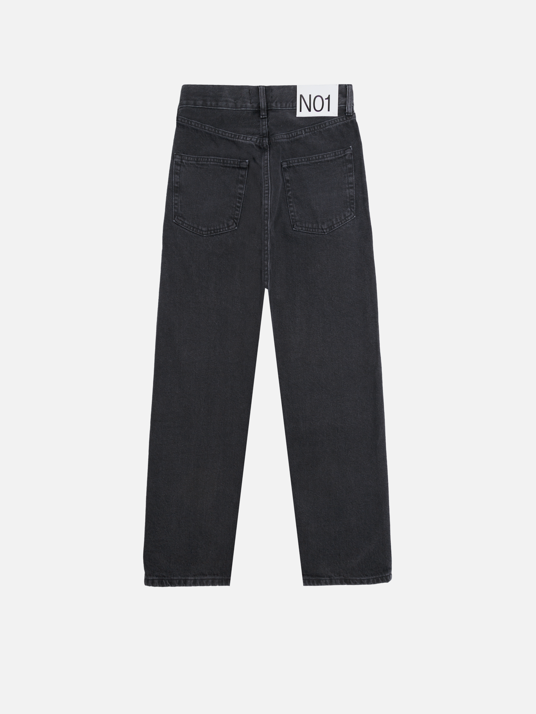 A pair of washed black jeans featuring a classic straight-leg silhouette and a higher waistline for a comfortable and stylish fit. Made from 14 oz pre-washed cotton