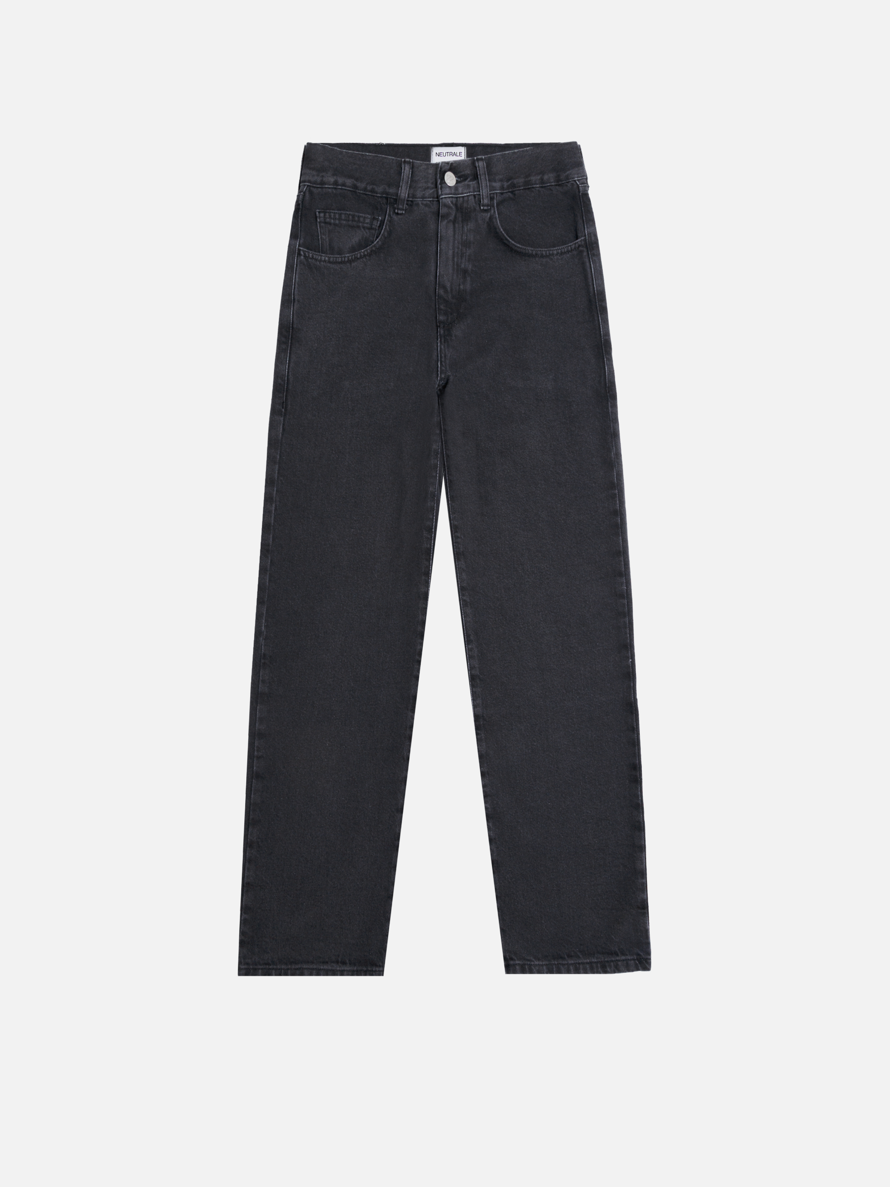 A pair of washed black jeans featuring a classic straight-leg silhouette and a higher waistline for a comfortable and stylish fit. Made from 14 oz pre-washed cotton