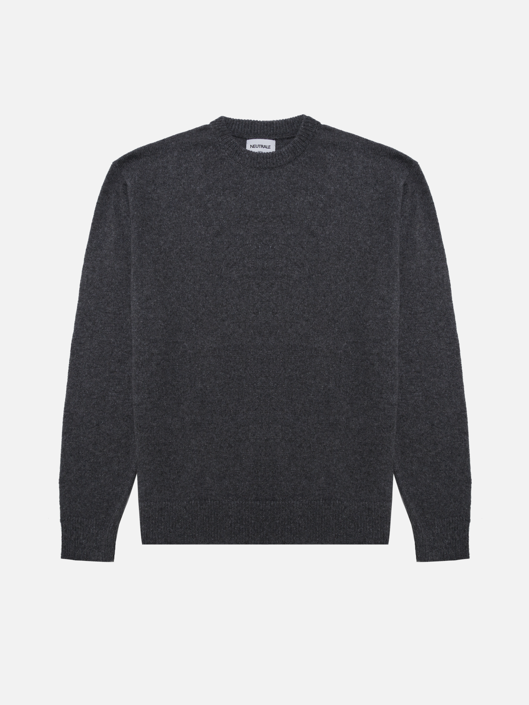 Neutrale dark grey knit sweater with a relaxed fit, featuring ribbed cuffs, hem, and collar. Crafted from a blend of wool and organic cotton