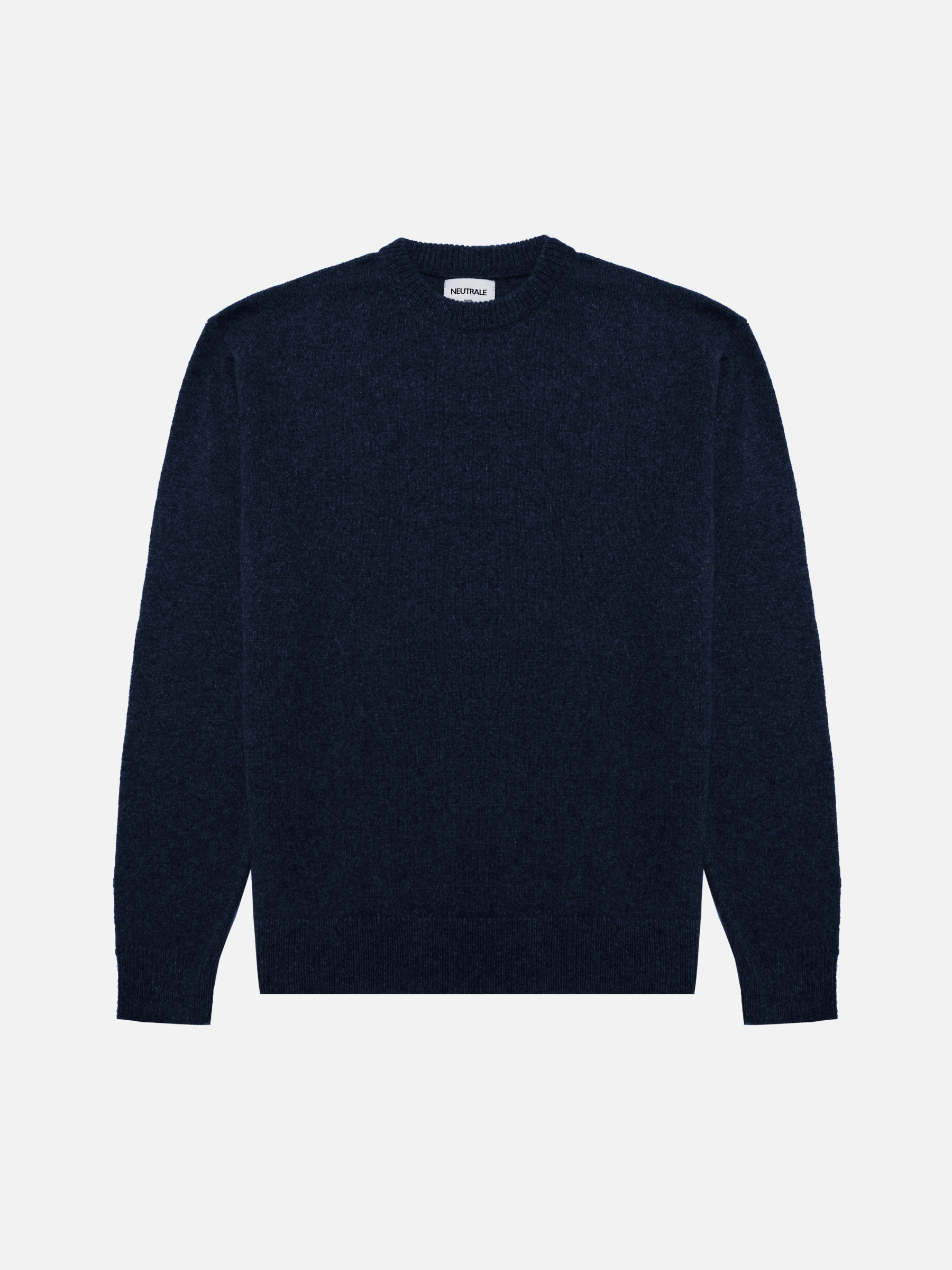 Neutrale dark navy knit sweater with a relaxed fit, featuring ribbed cuffs, hem, and collar. Crafted from a blend of wool and organic cotton.